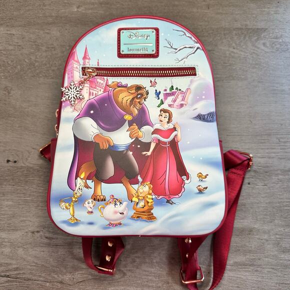 Loungefly Disney Beauty and the Beast Winter Scene Backpack Red